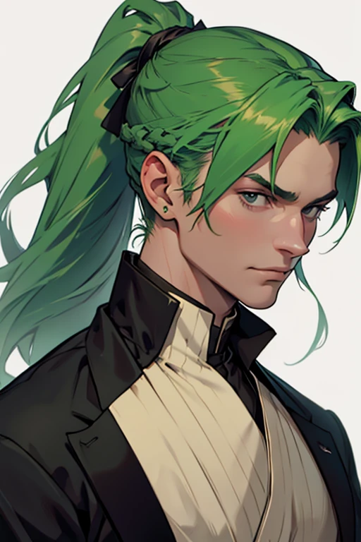Green Hair、ponytail、Medieval European aristocrat in a black suit、
