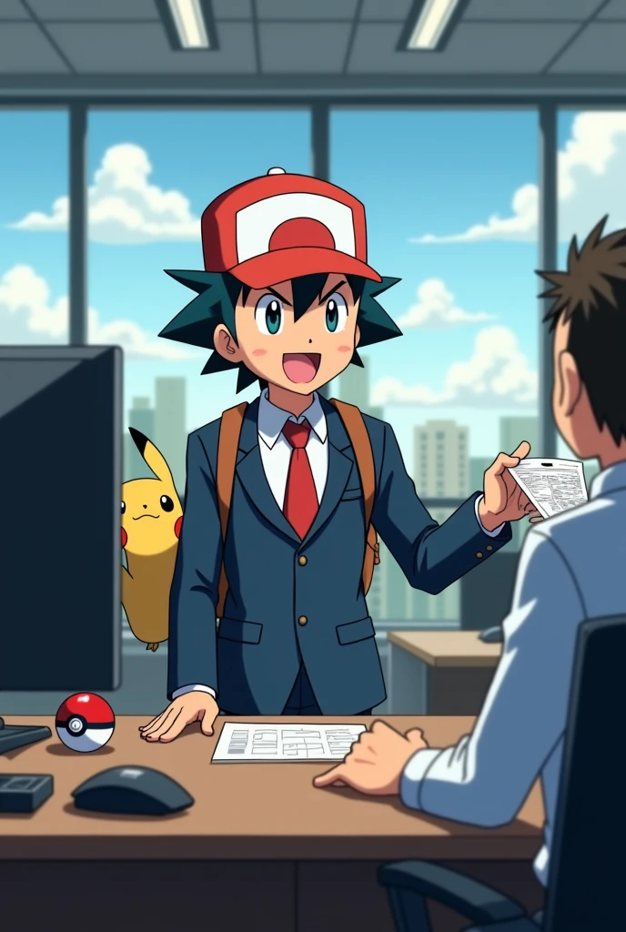  Ash from the Pokemon anime working in an office serving someone 