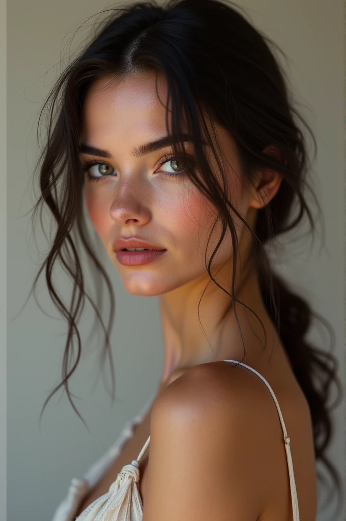 Brune, photo realiste, yeux clair, medium sized chest, Sexy French, 20 ans