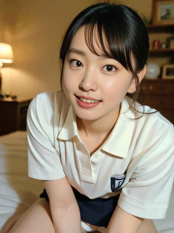 (Masterpiece, Best quality: 1.3), (Ultra realistic, Photo-realistic: 1.2), From above, Natural light, 28 years old actress, Japanese women, Neat and clean, (White tennis uniform, White short-sleeve polo shirt with darknavy line collar:1.2), (unbutton:1.3), (White tennis skirt:1.2), white sock, (Ponytail: 1.2), (Beautiful face), Oval face, clear, Beautiful eyes, Kind eyes, Clear skin, Small face, Beautiful mouth, Small mouth, Natural makeup, Approachable, (nsfw:1.2), Seductive smile, (Seductive pose: 1.3), (Beautiful thighs: 1.2), (Bedroom eyes: 1.2), Embarrassed, Blush, Luxury hotel Suite room, On bed, Hidden camera installed in suite room captures obscene reality of girls high school, (lesbian couple , petting together:1.1), grabbing crotch, 2girls erotic hag,