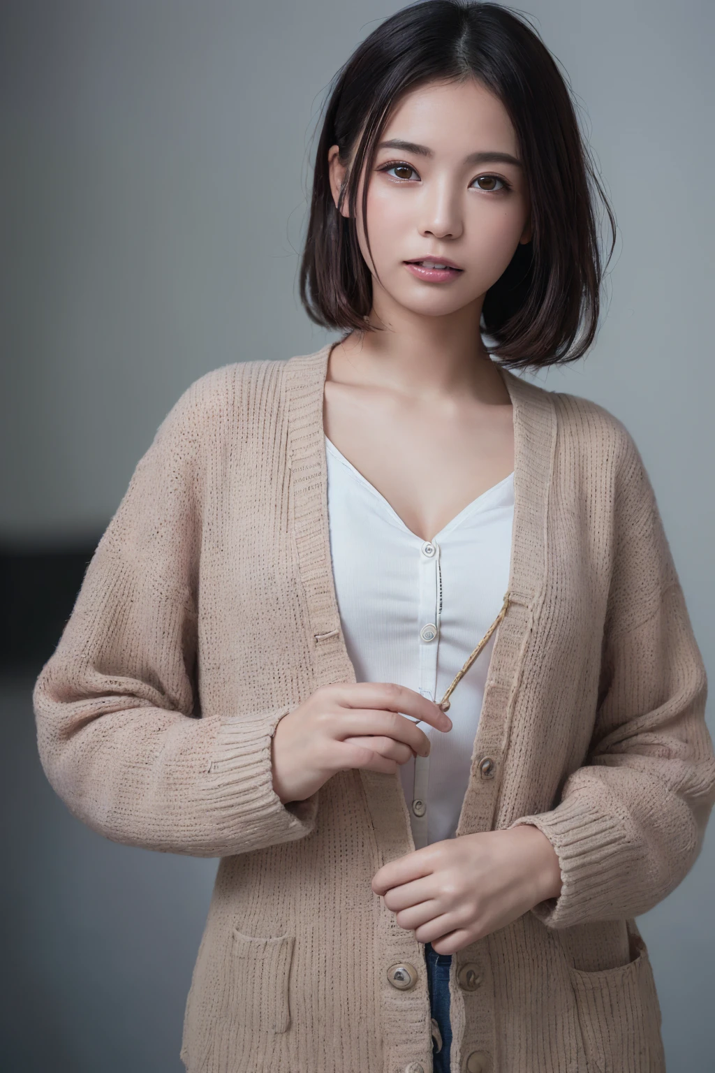 (Highest quality:1.4),(masterpiece:1.4),(Realistic:1.4),(Realistic:1.2),(超High resolution, RAW Photos:1.4),(High resolution, Very detailed:1.2),(8k:1.2),photograph,a photo of a dark-haired,one person's,alone,(((Pink Apron:1.3), (Adult female:1.5),Large Breasts, During the day, A kind smile)),((Big Breasts)),(((Large areola:1.4))), (spread legs:1.3), (spread pussy:1.3)