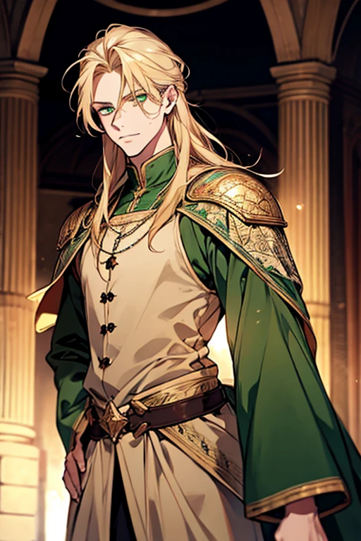 handsome masculine man, green eyes, ash blond hair, shoulder length long hair, green medieval noble clothes, light skin