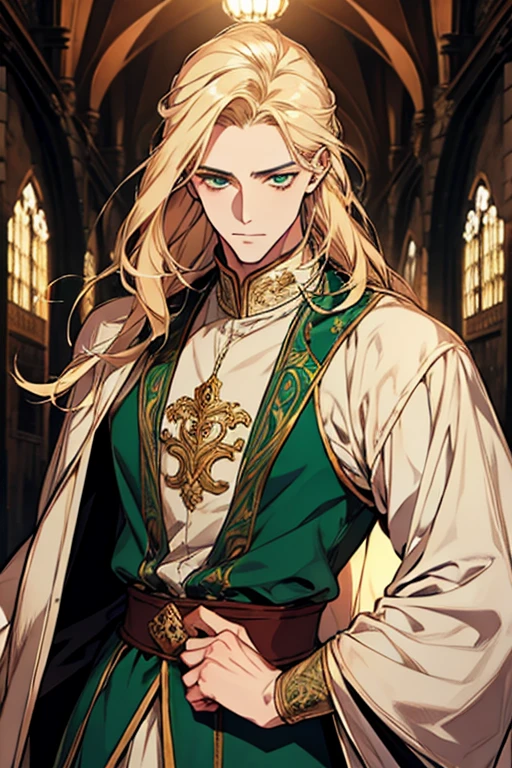 handsome masculine man, green eyes, ash blond hair, shoulder length long hair, green medieval noble clothes, light skin