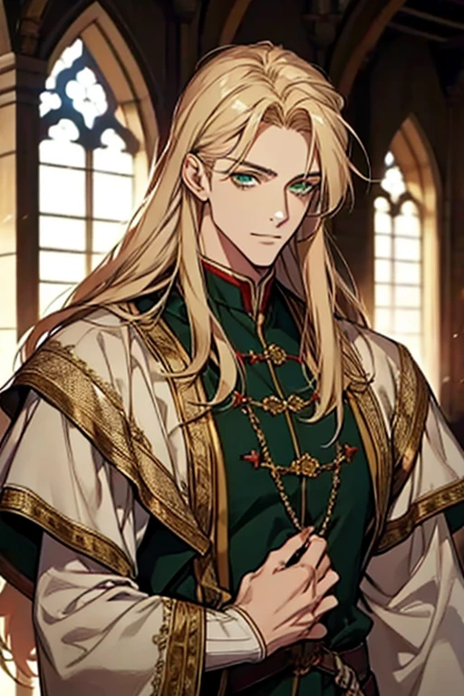 handsome masculine man, green eyes, ash blond hair, shoulder length long hair, green medieval noble clothes, light skin
