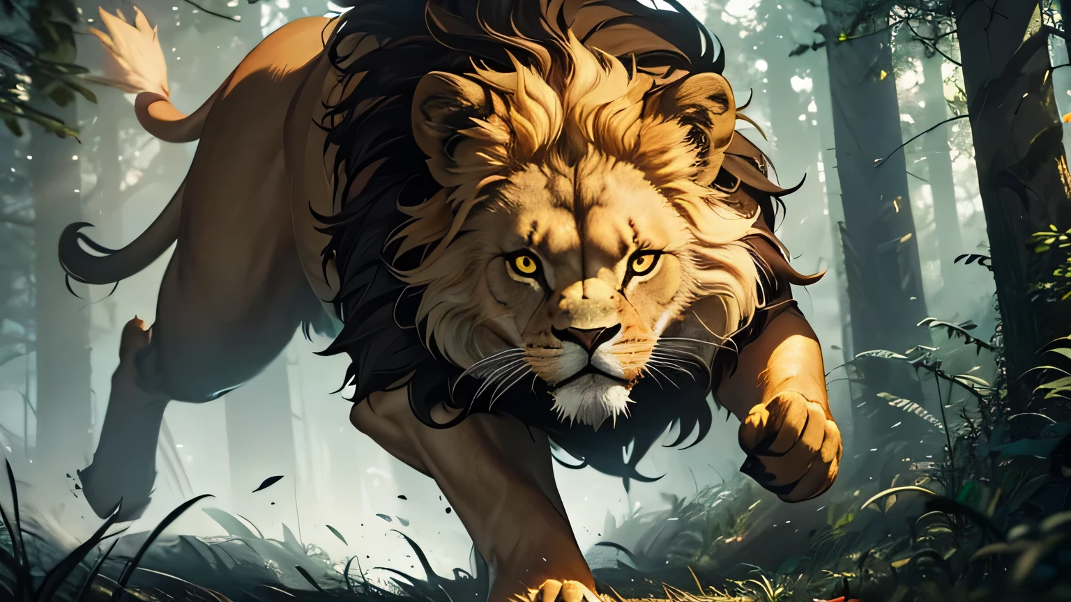 motion scene, lion in forest leaping to attack, glowing yellow eyes, glowing eyes, sharp fangs, moody lighting, hyper realistic, cinematic lighting, intricate details, 8k, high quality, photorealistic, dramatic, powerful, majestic
