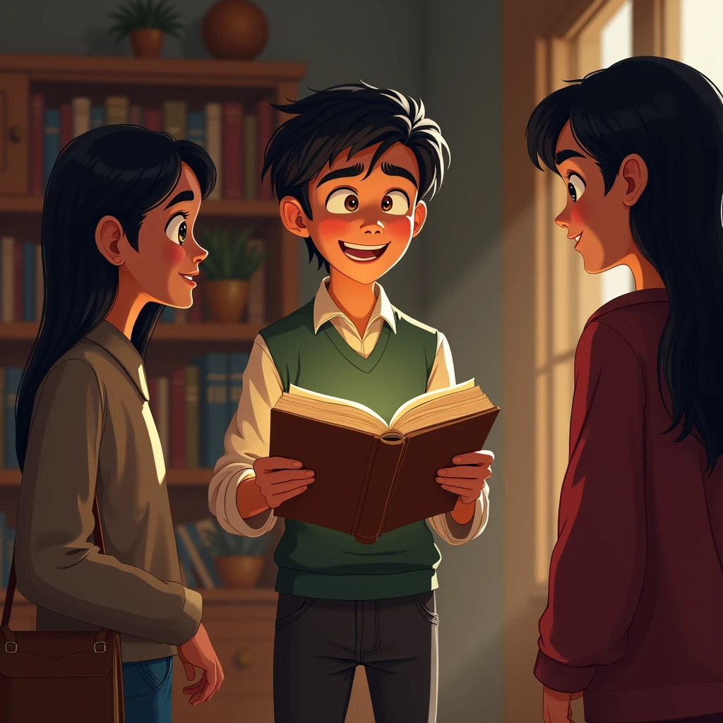 Omar is in a room and has a book in his hand And he says to his two friends, haven't you seen in this book about the magic stone
