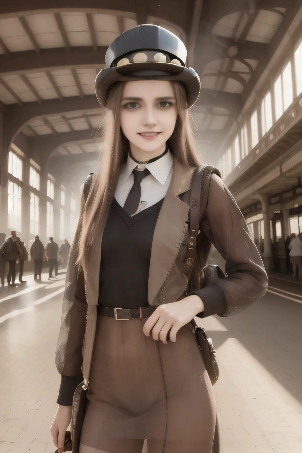 1 girl, aviator hat , solo, steam punk, train station, , steam, smoke, masterpiece, highly detailed,HDR,8k resolution, best quality,