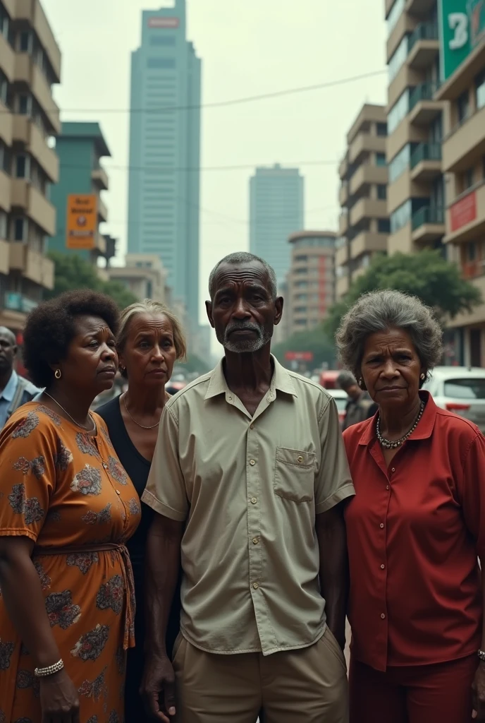 Give me a realistic picture of three matured women and a man feeling distresed in a city line Lagos