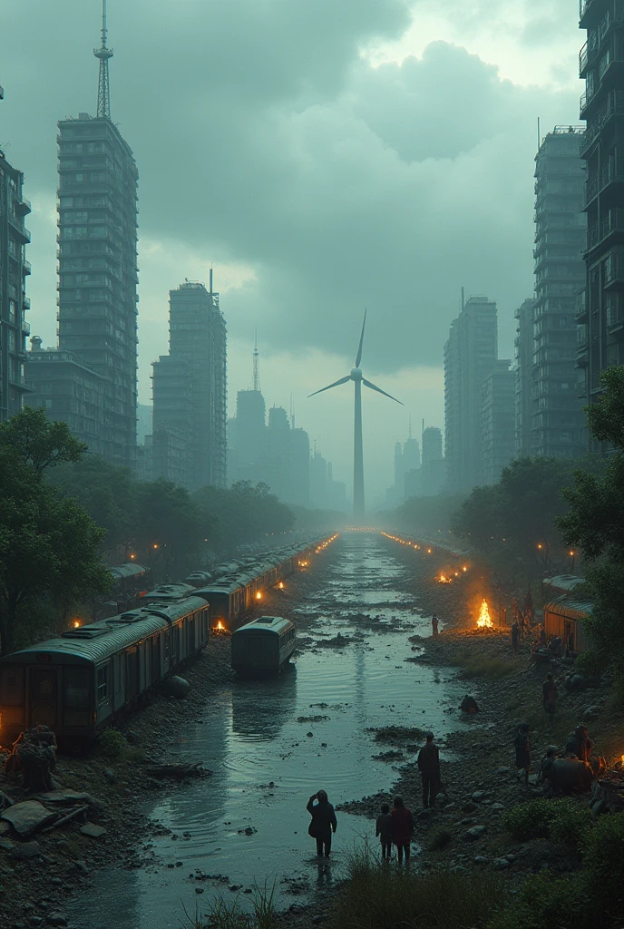 Panorama of a big city, in which the social ecological transformation has failed and which is suffering from climate change with floods and broken wind turbines and trains and people living in cars and making campfires on the street