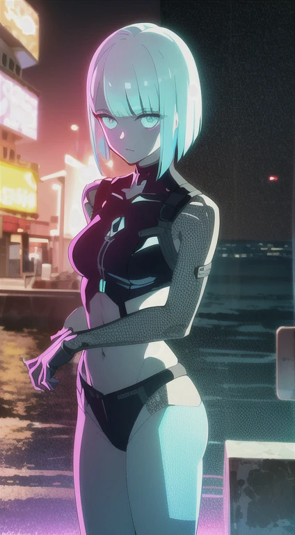 (masterpiece, detailed, high resolution:1.4), cyberpunk, cyberpunk 2077, cyberpunk night city neon background, sea, beach, palm trees, green-blue glitch effect around the arm, purple-pink neon glow, lucy, torso, fluorescent yellow, light green, purple, mint