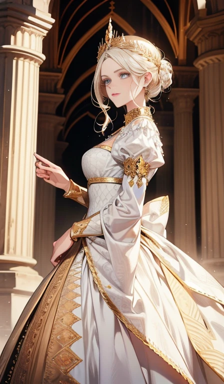 fantasia, 19th-century, empress, mulher, rosto delicado, cabelo longo castanho claro, olhos azuis, em um vestido real branco com ombros abertos, gold patterns on fabric, crystal jewelry, com uma fita escarlate no ombro com os trajes do monarca, Gothic castle made of white stone in the background, luz, dia, High definition
