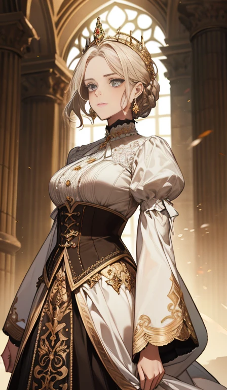 fantasia, 19th-century, empress, mulher, rosto delicado, cabelo loiro claro, olhos azuis, em um vestido real branco com ombros abertos, gold patterns on fabric, crystal jewelry, com uma fita escarlate no ombro com os trajes do monarca, Gothic castle made of white stone in the background, luz, dia, High definition