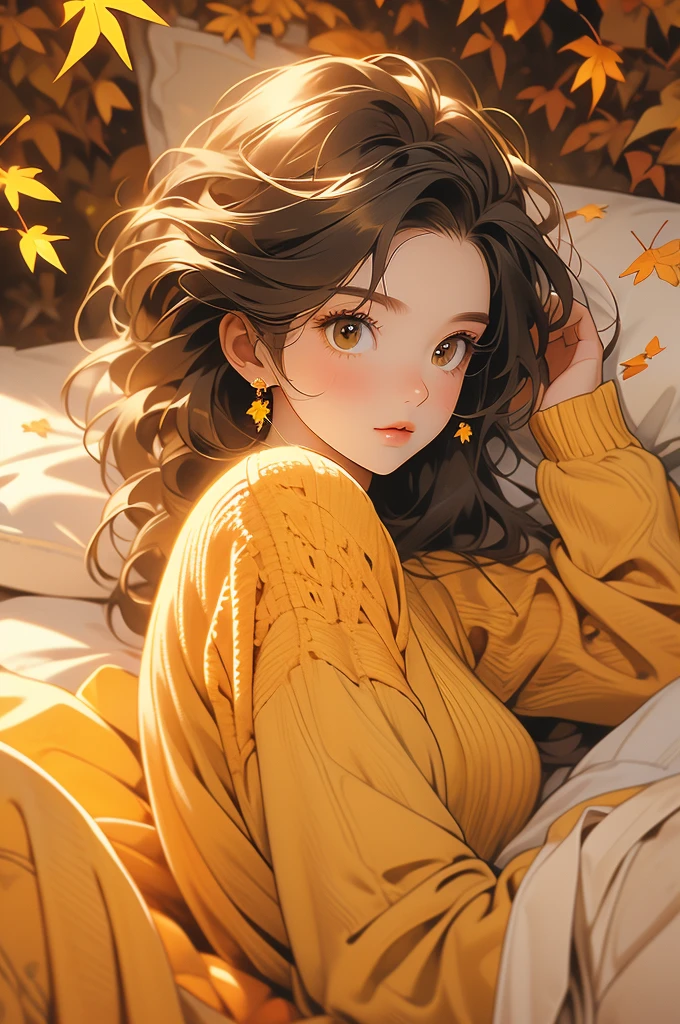 The image shows a person wearing a mustard yellow knitted sweater lying on a bed of autumn leaves. The leaves in the background are a mix of orange, brown and yellow tones, suggesting the fall season.