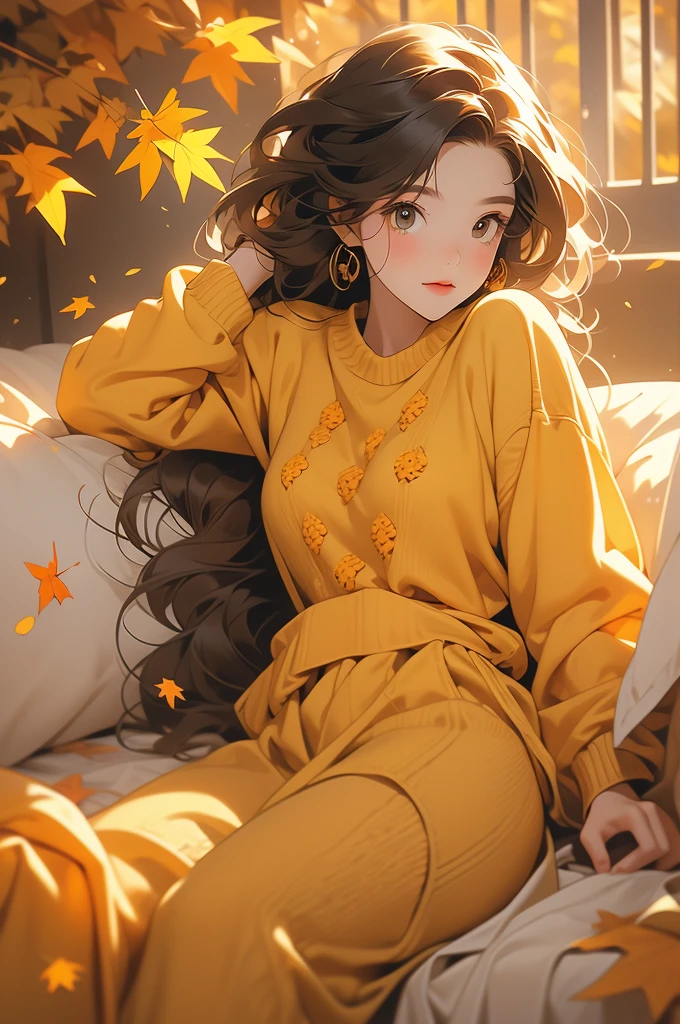 The image shows a person wearing a mustard yellow knitted sweater lying on a bed of autumn leaves. The leaves in the background are a mix of orange, brown and yellow tones, suggesting the fall season.