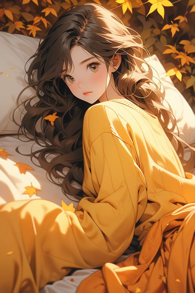 The image shows a person wearing a mustard yellow knitted sweater lying on a bed of autumn leaves. The leaves in the background are a mix of orange, brown and yellow tones, suggesting the fall season.