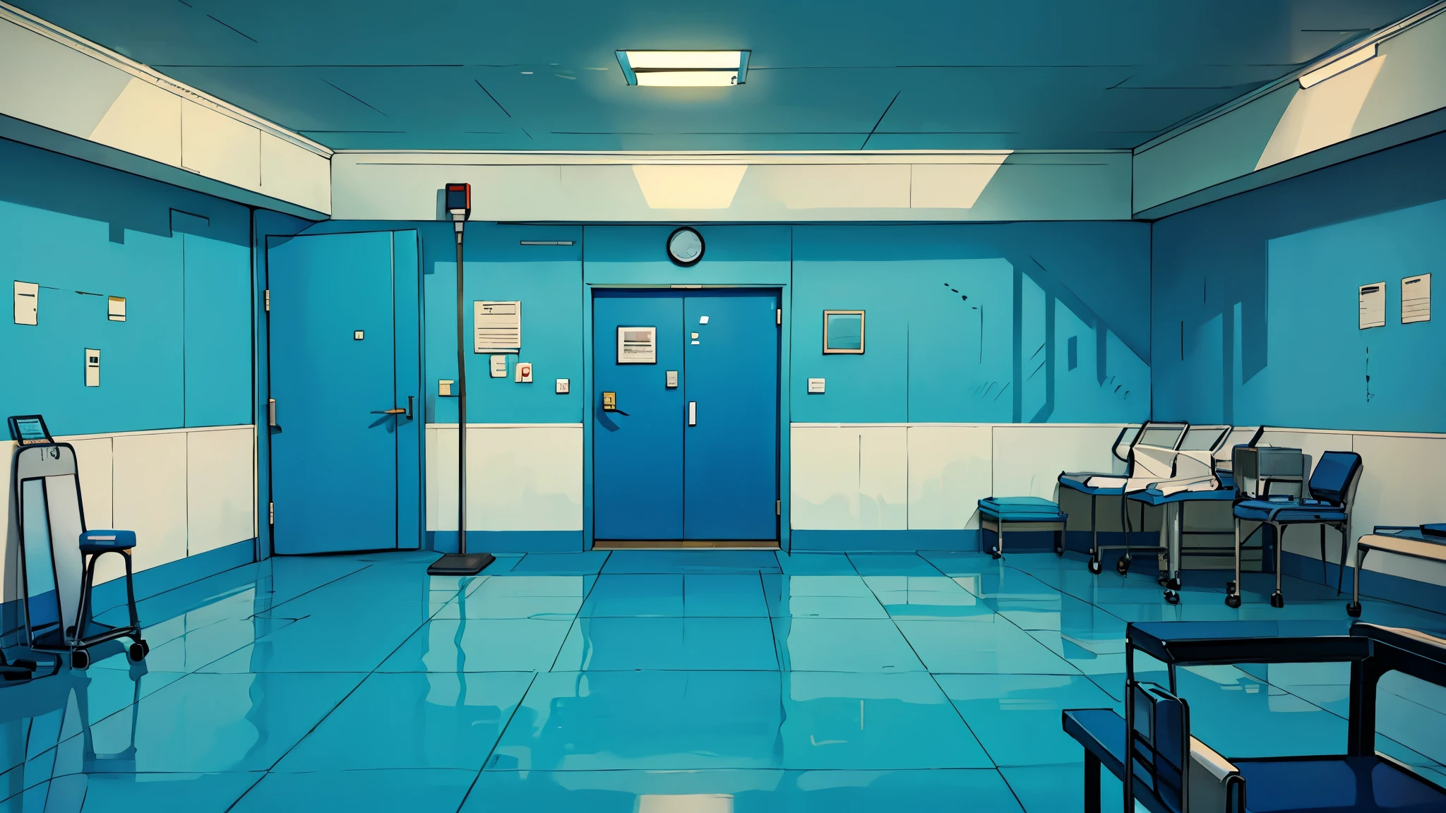 inside a hospital hall, blue, cartoon, no humans, no persons