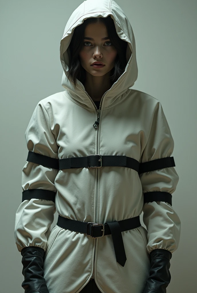 A woman fully restrained in a full body straightjacket