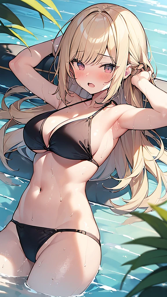 (Masterpiece, Top quality:1.5), nsfw, (dynamic angle:1.2), (1 beautiful girl, solo:1.2), (lie in river:1.2), Blonde, medium Hair, wavy Hair, asymmetry bangs, swept bangs, airy hair, (large breasts:1.2), 18 year old, (black bikini :1.3), shy:1.1, (blush:1.4), beautiful scene in river, arms up:1.2, open mouth, wet