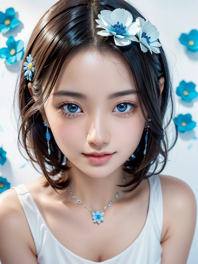 8k,Confused, High resolution, Very detailed, 1 person, alone, Very beautiful eyes, Ultra-precise depiction, artistic、Very detailed depiction, (Tangled:1.2), , (White high key background:1.5), (((White dress with blue flower pattern 1.5))), 、 short hair、Loose wavy hair、Earrings and Necklaces、Brown Hair, (Glowing Skin), Many colors, , (Shooting from above:1.2),、Flat Body、slim、cute、、Round face、Cast a Shadow、、Smile 1.3