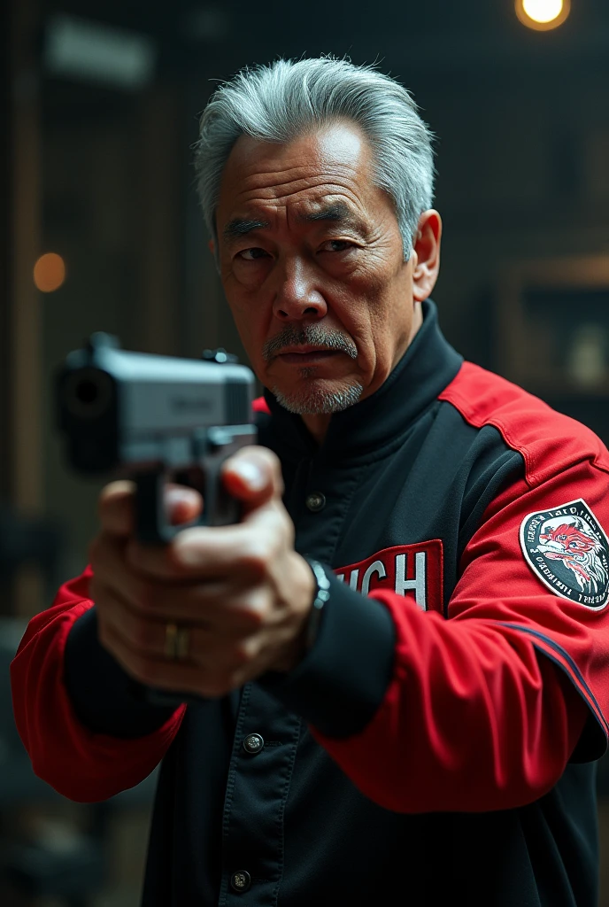 Wearing a Chunichi Dragons uniform、Picture a great director holding a gun