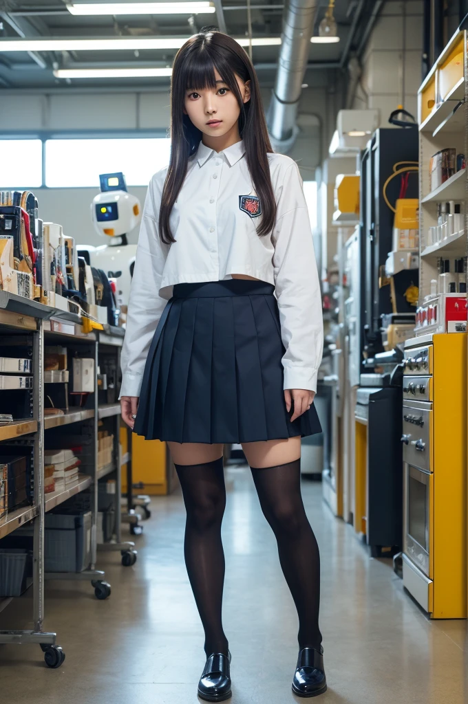 masterpiece, Best Quality, Extremely detailed, Japaese android highschool Girl,Plump ,Navy Pleated Mini Skirt,Black tights,control panels,android,Droid,Mechanical Hand, Robot arms and legs, Black Robot Parts,Black hair,Mechanical body,Blunt bangs,White abdomen,White Robotics Parts,perfect robot woman,The laboratory of the future,cyberpunked,Charging spot,android factory,Robot Factory,cyborg factory,Long Tube,A thick cable connects her neck,ceramic body,blue eyes,Mechanical body,android,robot humanoid,japanese highschool girl uniform,perfect robot girl