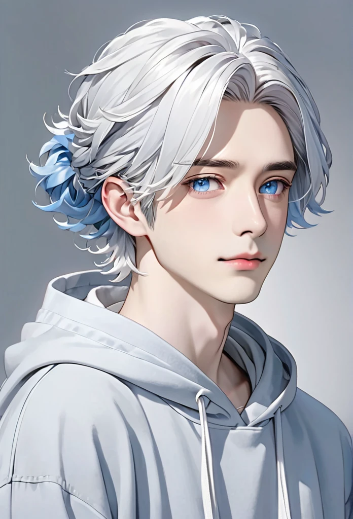 Man with shoulder-length white-gray hair in a mallow hairstyle, blue tired eyes, pale skin, wearing a grey hoodie