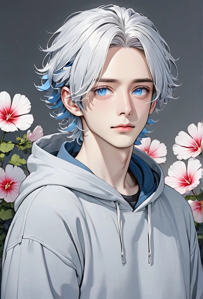 Man with shoulder-length white-gray hair in a mallow hairstyle, blue tired eyes, pale skin, wearing a grey hoodie