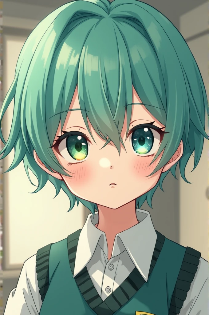 Turquoise hair、He has heterochromatic eyes, with a dark green right eye and a light green left eye.、Draw a -facevant boy with narrow eyes in an anime style.