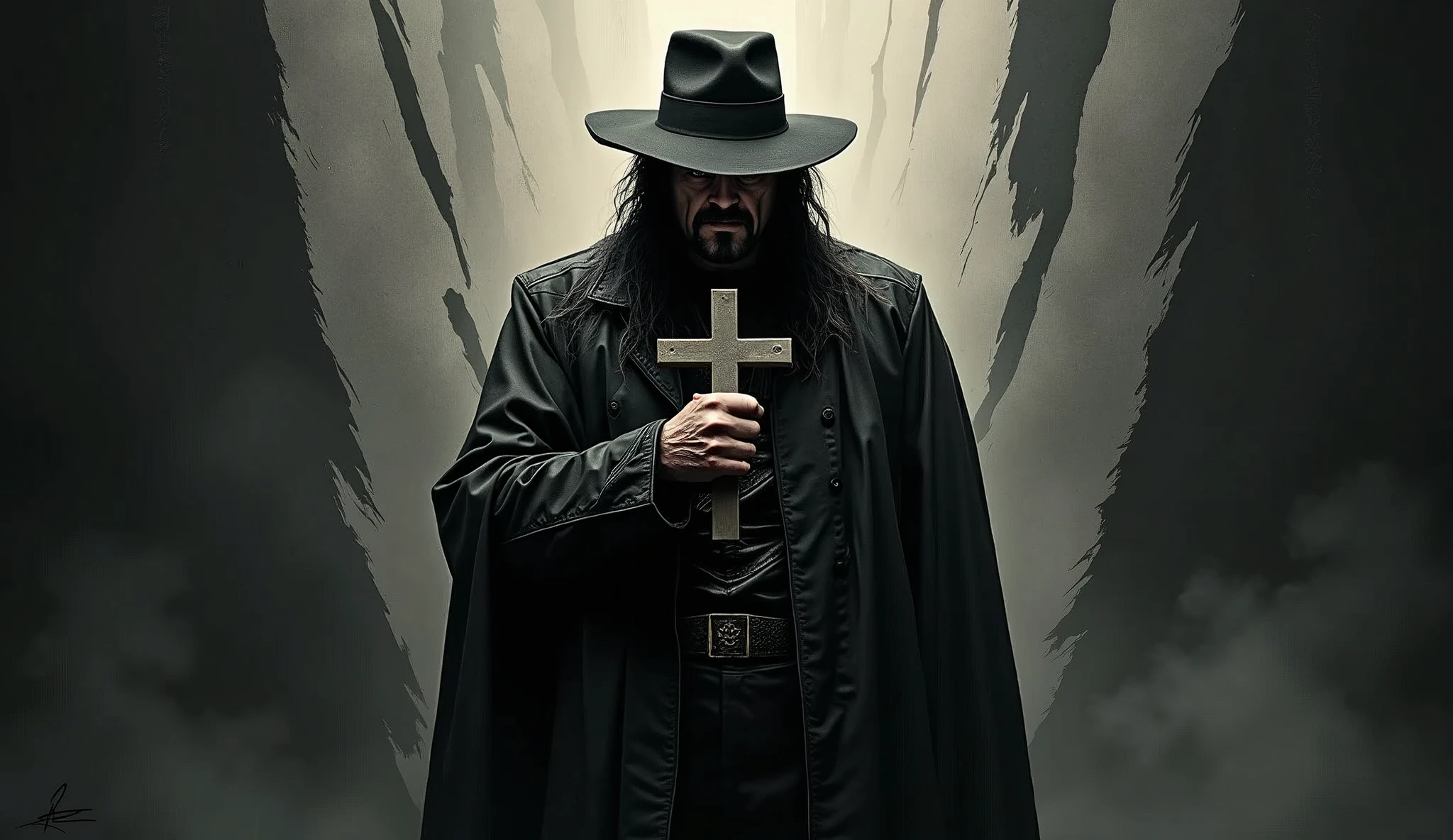 image of ((the undertaker:1.4)) with a cross in his hand, slash page, album, hq artwork, hd artwork, artwork, art cover