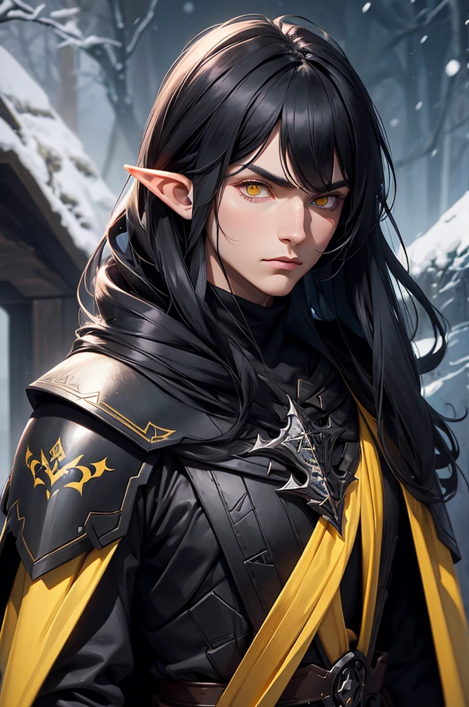 Man, black armor. black cloak. black hair, Parted bangs. yellow eyes. elf ears, winter background, stern looks, males