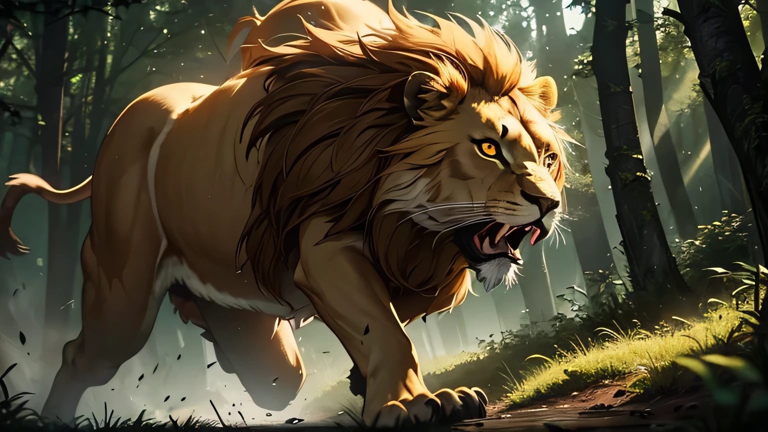 motion scene, lion in forest leaping to attack, glowing yellow eyes, glowing eyes, sharp fangs, moody lighting, hyper realistic, cinematic lighting, intricate details, 8k, high quality, photorealistic, dramatic, powerful, majestic