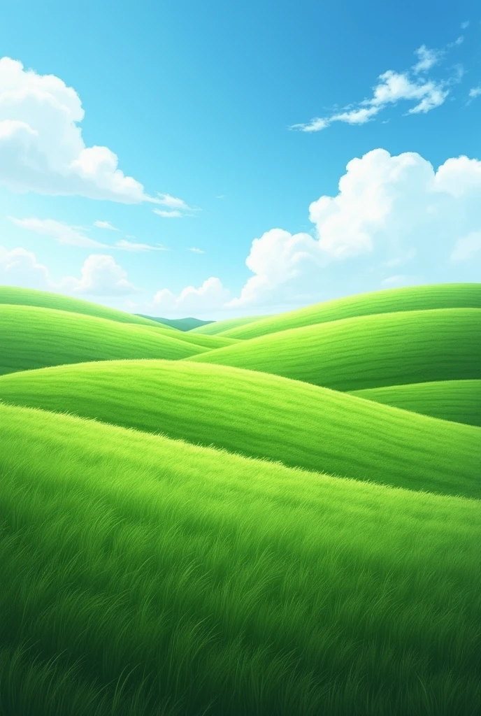 Windy green fields, hill, prairie, Blue sky and clouds, very low point