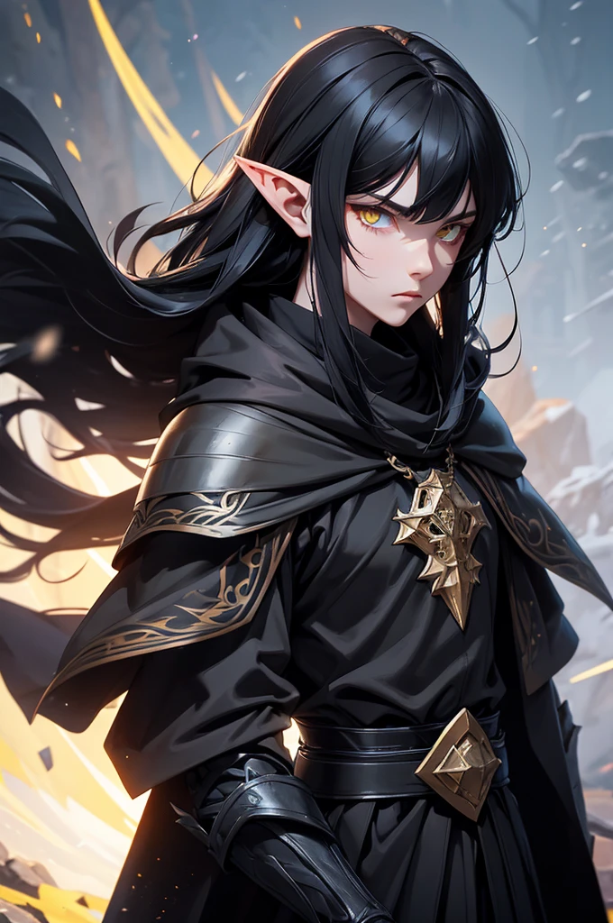 Man, black armor. black cloak. black hair, Parted bangs. yellow eyes. elf ears, winter background, stern looks, males