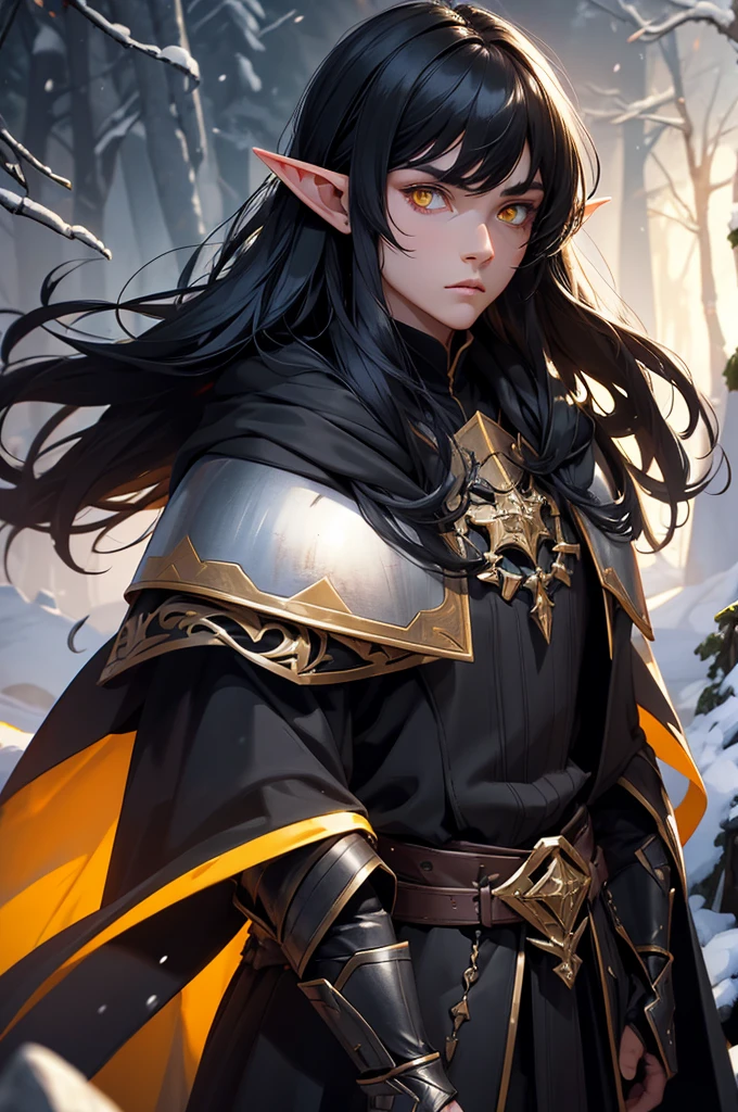 Man, black armor. black cloak. black hair, Parted bangs. yellow eyes. elf ears, winter background, stern looks, males