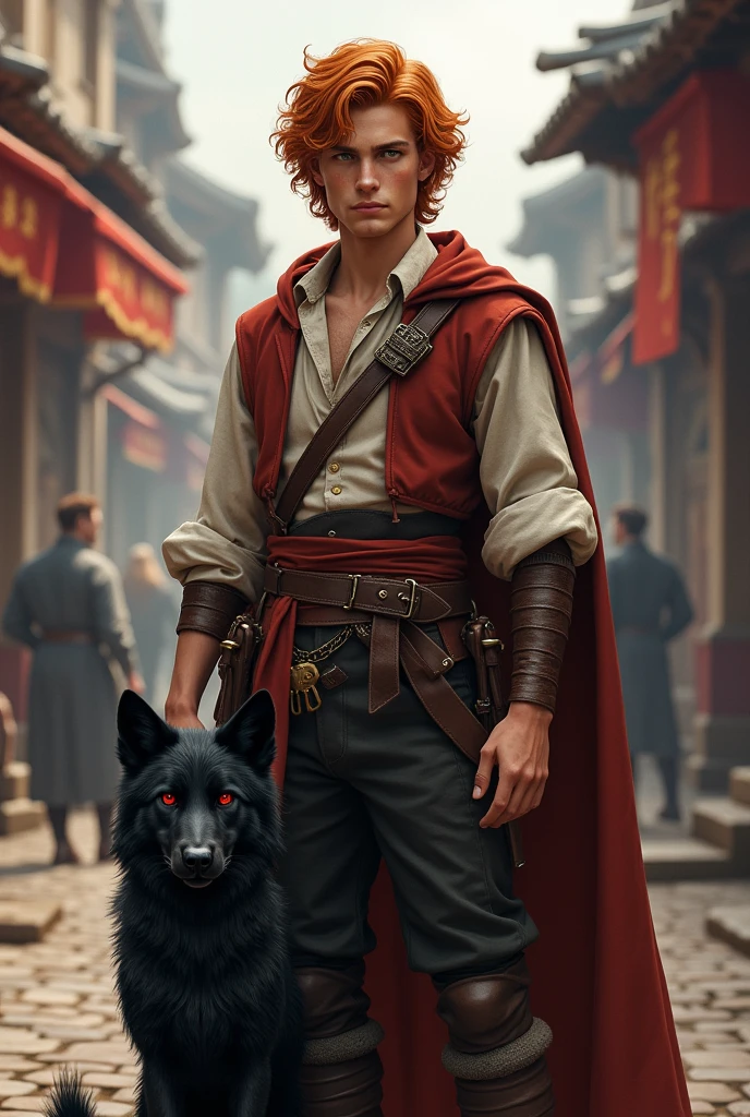 A street fighter in the age of 17 with a ginger wavy hair and red eyes wearing simple 18 hundredth clothes, a small black wolf with red eyes standing next to his leg like a dog
Correct anatomy, same sized eyes, proportional body, 10 fingers, no facial hair, 