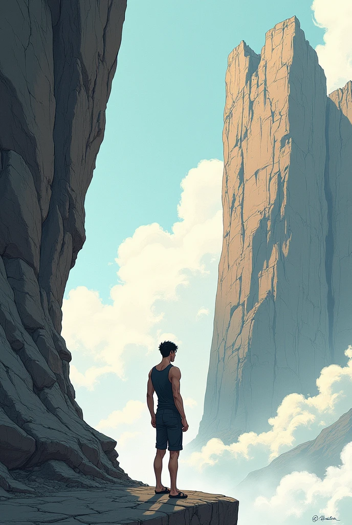 Une image orientée tatouage de style manga, mettant en scène un personnage homme vu de profil, debout près du bord d'une falaise et face à une imposante paroi rocheuse. Le personnage porte un débardeur et des sandales, avec une posture fine, forte et déterminée. La falaise est détaillée avec des textures rugueuses et irrégulières, soulignant le défi et l'ampleur du paysage. L’arrière-plan comprend un vaste ciel avec des nuages doux, ajoutant de la profondeur et un sentiment de mystère à la scène.