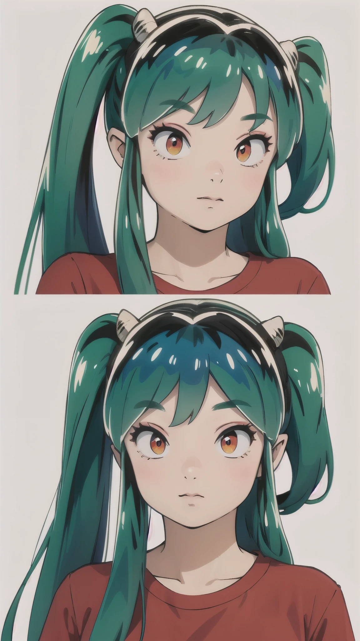 Ram、Red T-shirt、Green Hair、Twin tails、Upper Body、Close-up of face、Large Breasts、masterpiece、Simple Background、Highest quality