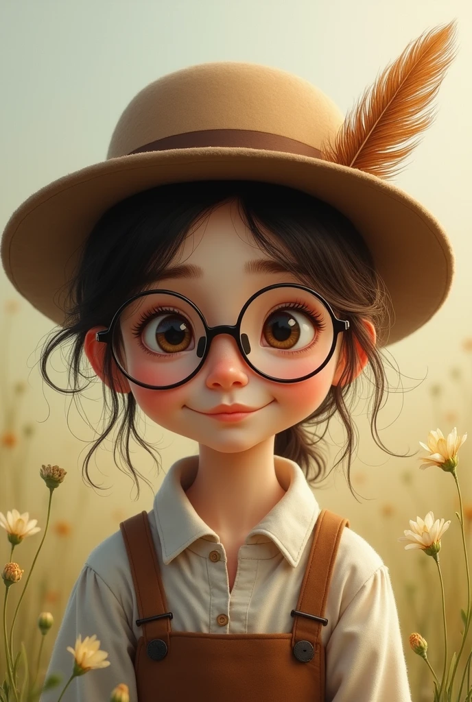 Girl with glasses and hat、The cap has a feather attached to it.