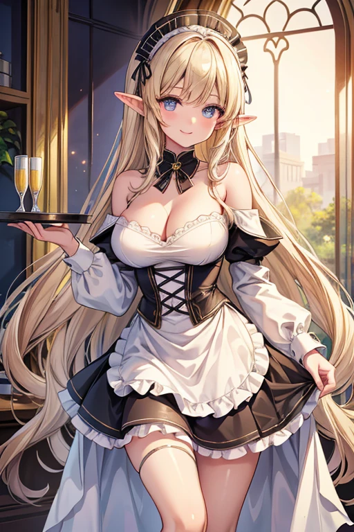 (masterpiece,best quality,ultra-detailed), an anime elf lady who is 20 years, elegant and beautiful old high-elf maid. She has champagne colored long hair with side-swept bangs, star sapphire slit eyes, high-elf ears, slender body shape, elf curves, wearing beautiful adorned off shoulder maid top and maid short skirt, standing with elegance and grace, smiling at viewer