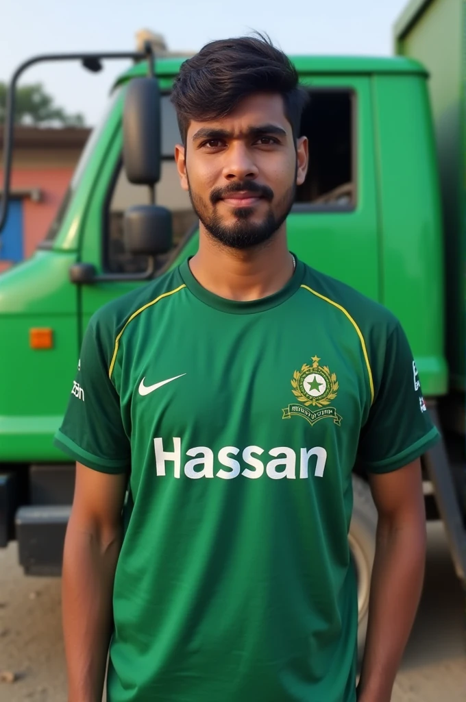 a person worn Pakistan T-shirt with name Hassan of Pakistan green T-shirt and with uperr sitting green truck and face forward 