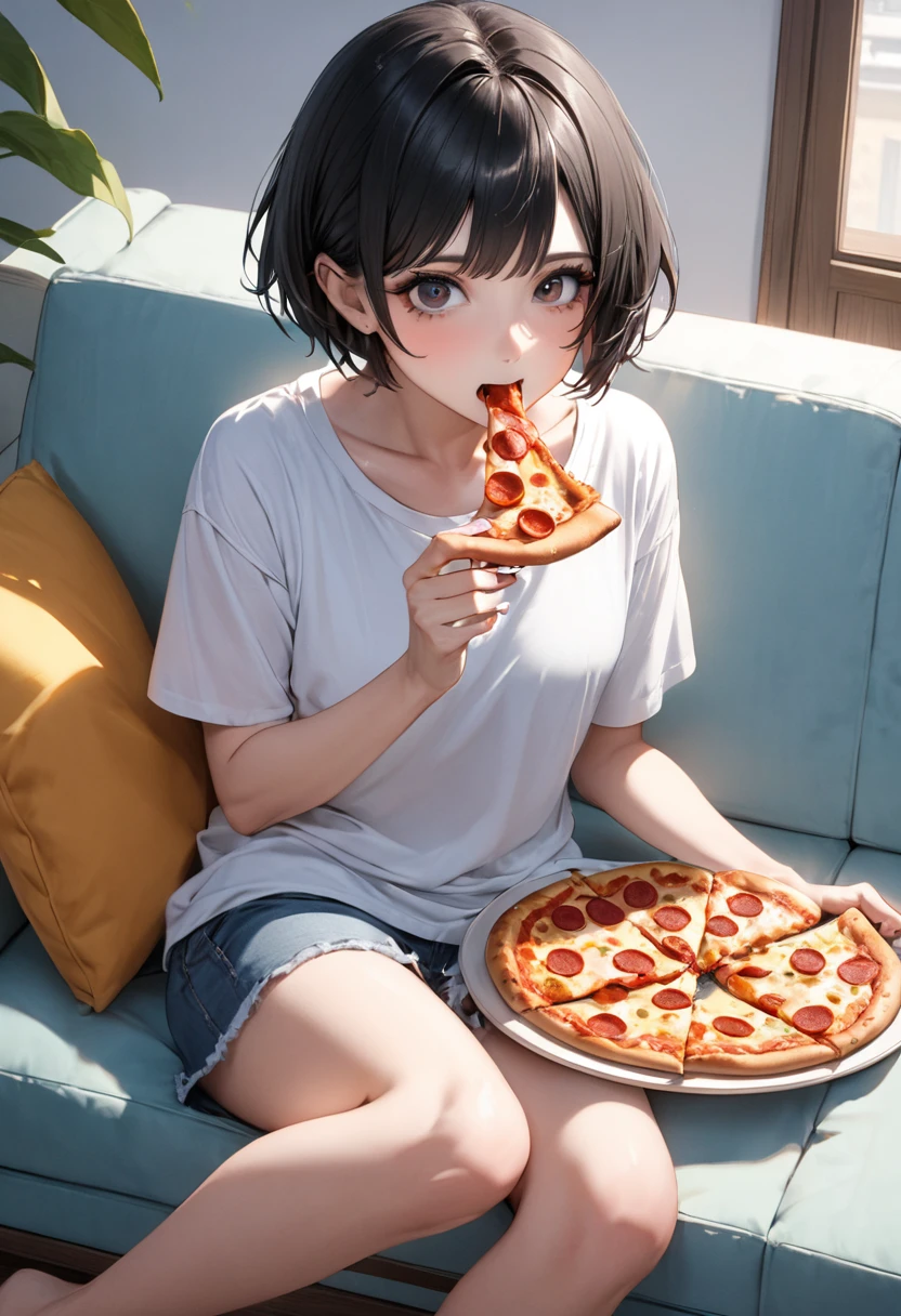 1 person Black short hair Dark Eyes Summer clothes Sitting on the living room sofa eating pepperoni pizza