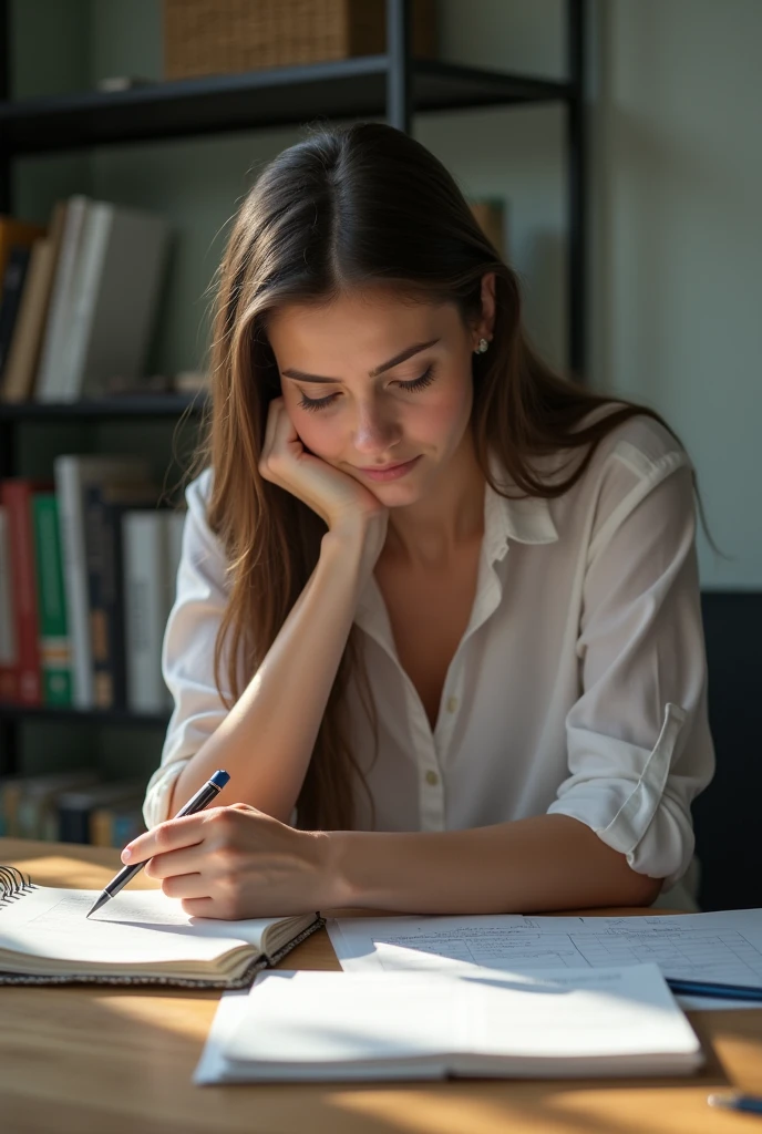 The woman instructor organizing their thoughts and notes, selecting the right words and tone to convey the message.
(Caption: "Encoding: Converting Ideas into a Message")