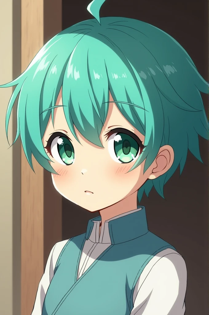 Turquoise hair、He has heterochromatic eyes, with a dark green right eye and a light green left eye.、Draw a baby-faced servant boy with narrow eyes in an anime style.