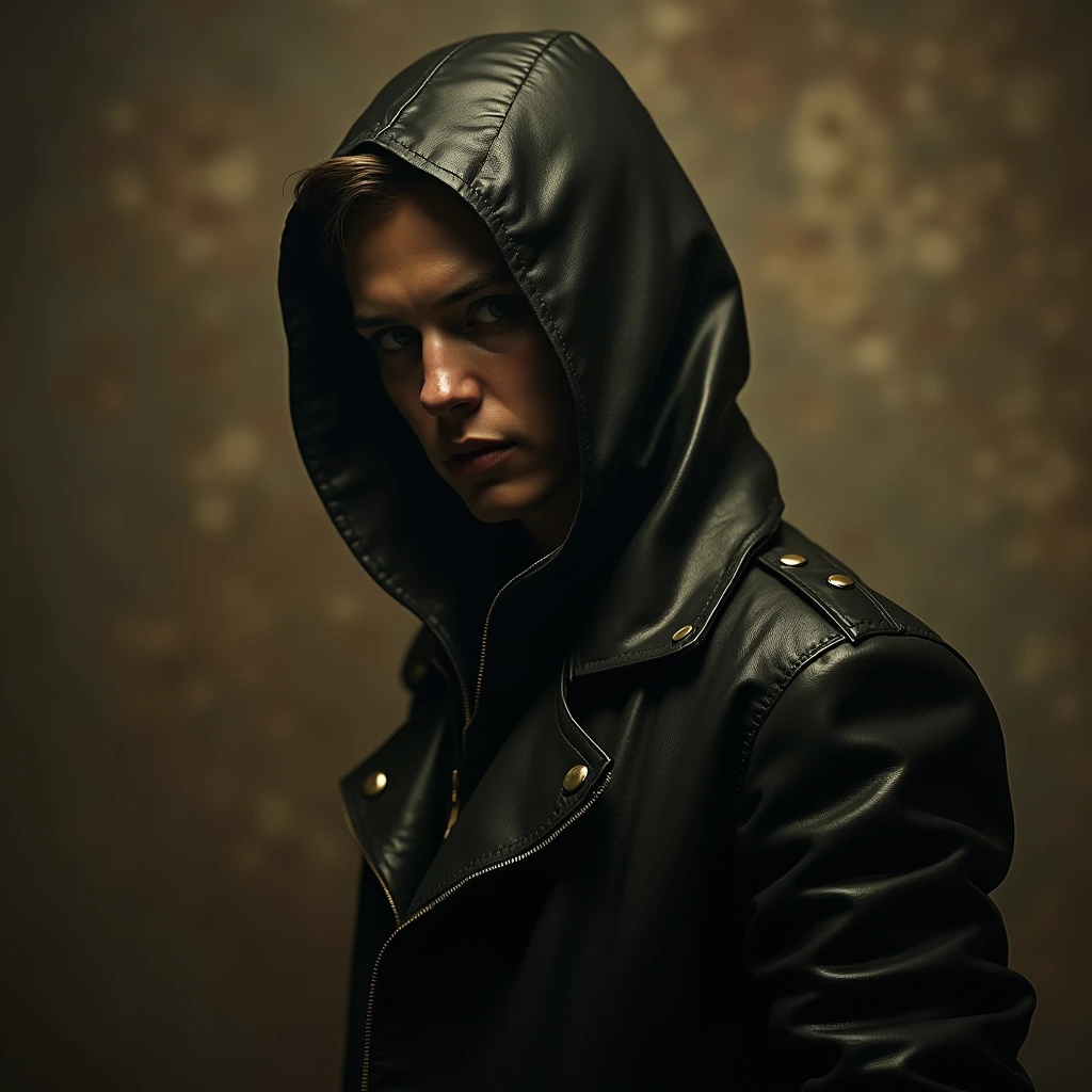 (Black Leather Jacket), vintage, sepia-toned image with muted colors, featuring, Include mysterious shadows and an obscured element for intrigue, evoking nostalgia and timelessness. Beautiful cinematic lighting, surreal, RAW photo, color graded, dynamic movement, (captivating chiaroscuro:0.1), (special effects:0.1), full body, award-winning, cinematic still, emotional, vignette, dynamic, vivid, (masterpiece, best quality, photorealistic, Professional, perfect composition, very aesthetic, absurdres, ultra-detailed, intricate details:1.3)