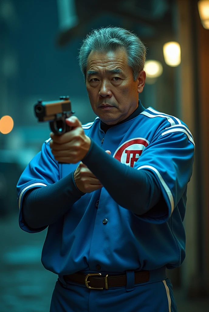 Wearing a blue Chunichi Dragons uniform、Picture a great director holding a gun