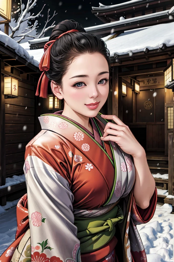 (Browsing Caution), (RAW Photos), (Realistic), (Photorealistic), Ultra-high resolution, masterpiece, Highest quality, Portraiture, facial Portraiture, Perfect lighting, Detailed lighting, Dramatic Shadows, Ray Tracing, Pure Eros Face_v1, Urzan-6500-v1.1, ((gentle smile)), ((upper body:1.2)), ((random sexy pose)), looking at viewer, ((wearing a kimono)), ((in old Japanese sinto)), ((night)), ((background with snow:1.2)), ((blizzard:1.2)),
