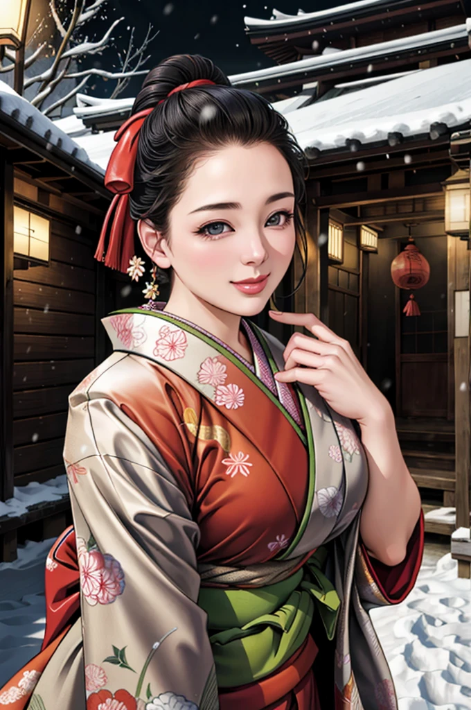 (Browsing Caution), (RAW Photos), (Realistic), (Photorealistic), Ultra-high resolution, masterpiece, Highest quality, Portraiture, facial Portraiture, Perfect lighting, Detailed lighting, Dramatic Shadows, Ray Tracing, Pure Eros Face_v1, Urzan-6500-v1.1, ((gentle smile)), ((upper body:1.2)), ((random sexy pose)), looking at viewer, ((wearing a kimono)), ((in old Japanese sinto)), ((background with snow:1.2)), ((blizzard:1.2)),