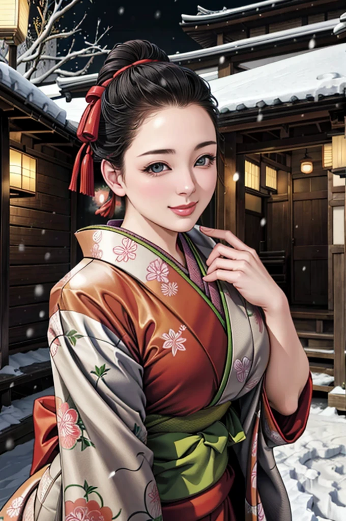 (Browsing Caution), (RAW Photos), (Realistic), (Photorealistic), Ultra-high resolution, masterpiece, Highest quality, Portraiture, facial Portraiture, Perfect lighting, Detailed lighting, Dramatic Shadows, Ray Tracing, Pure Eros Face_v1, Urzan-6500-v1.1, ((gentle smile)), ((upper body:1.2)), ((random sexy pose)), looking at viewer, ((wearing a kimono)), ((in old Japanese sinto)), ((night)), ((background with snow:1.2)), ((blizzard:1.2)),