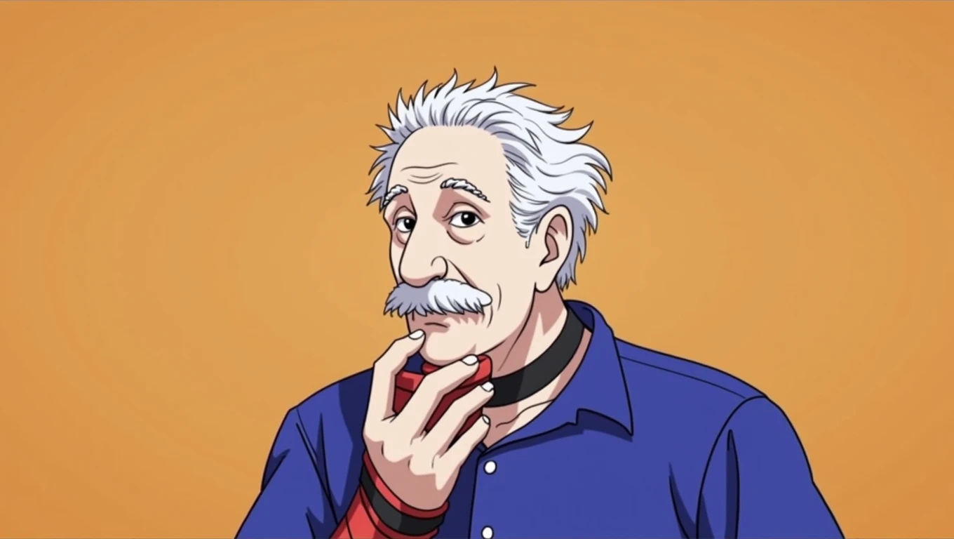 ALBERT EINSTEIN DRESSED AS DEADPOOL TAKING OFF HIS MASK