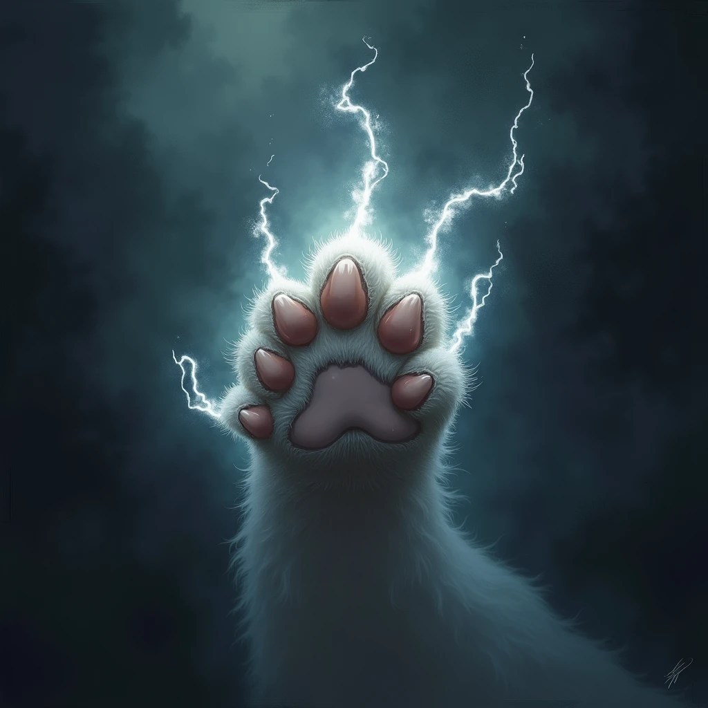 Silver maincoon kitten, background is a lightning sky, holding a heart says "404", cartoon